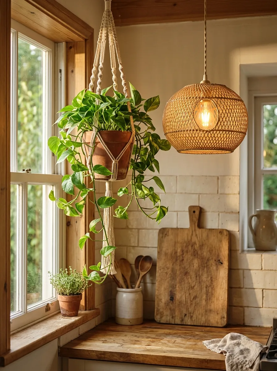 A trailing pothos in a macrame hanger beside a woven rattan pendant light in a sunlit kitchen corner.