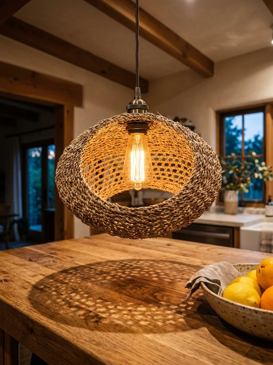 Close-up of a woven rattan pendant light glowing over a kitchen island, casting dappled shadows on the counter.