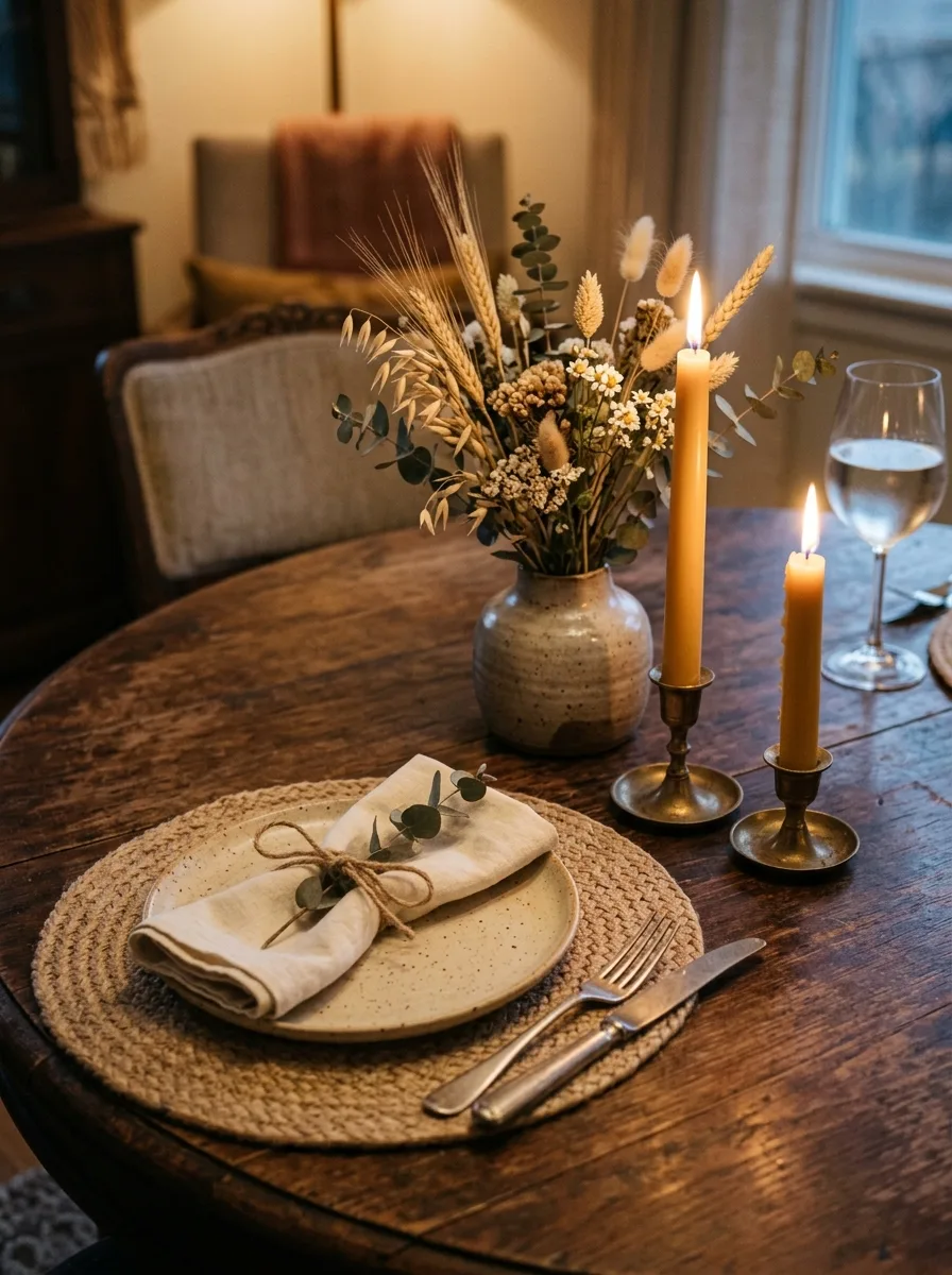 A round dining table styled with a woven placemat, linen napkins tied with jute twine, and a stoneware vase of dried florals.