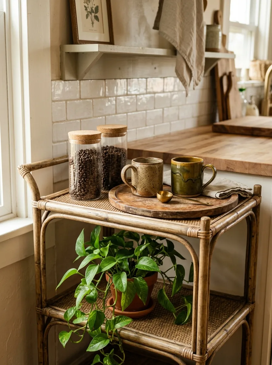 A small rattan bar cart styled with glass coffee canisters, a wood tray, and two mismatched mugs.