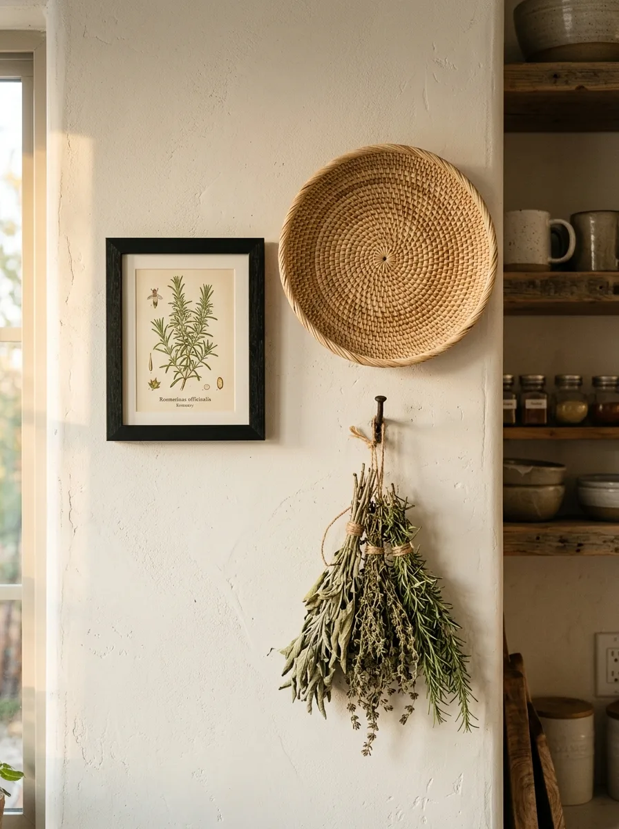 A small framed botanical print and a woven basket hanging beside open kitchen shelving.