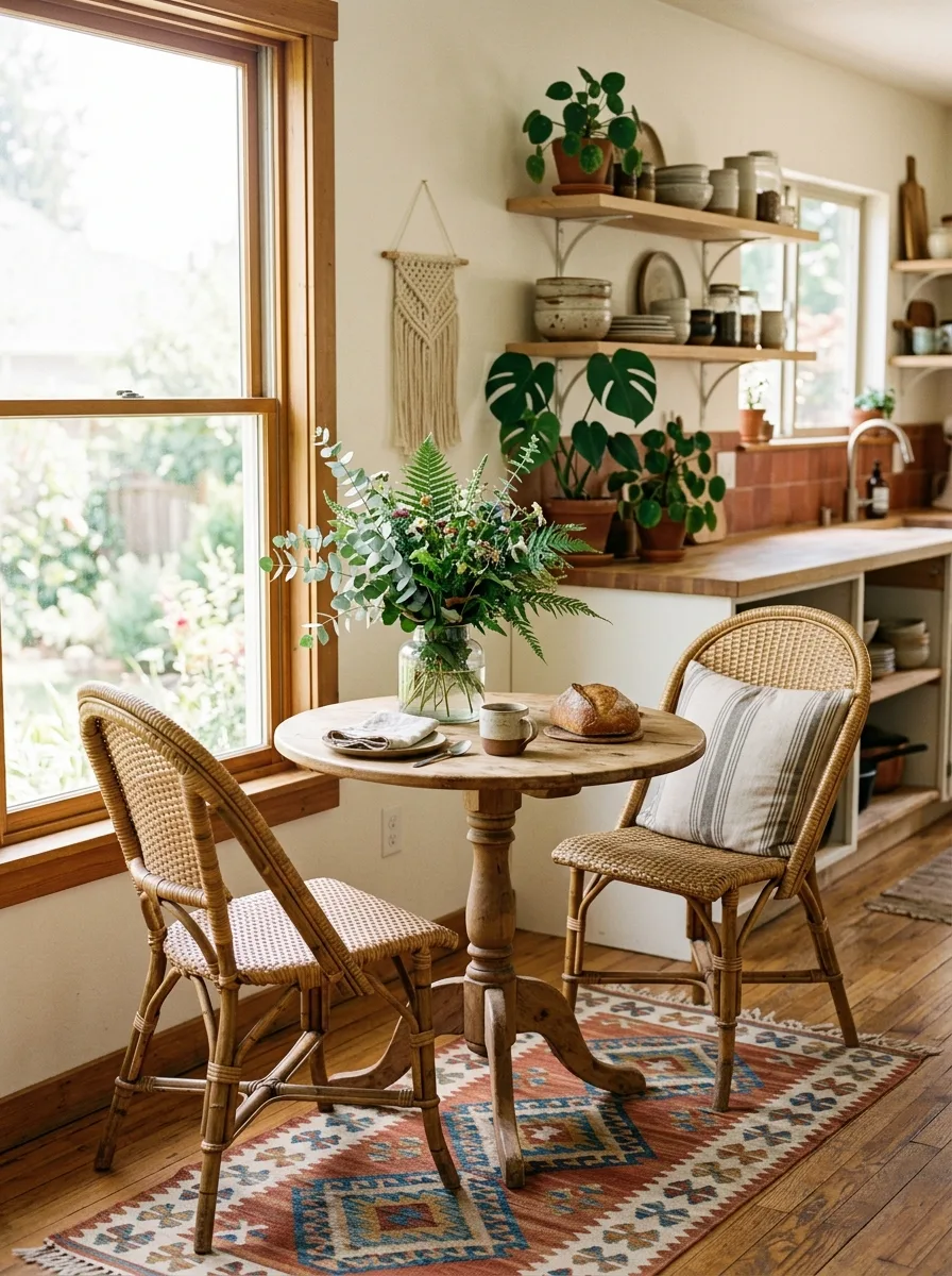 A small breakfast nook with rattan chairs, a woven runner rug, and a low vase of greenery on the table.