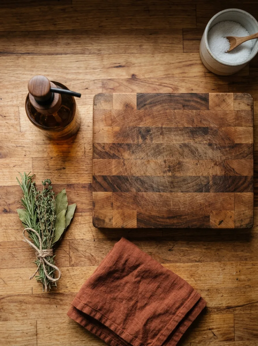 Overhead flat-lay of kitchen counter styling: a wood cutting board, ceramic soap dispenser, and a small bundle of dried herbs.