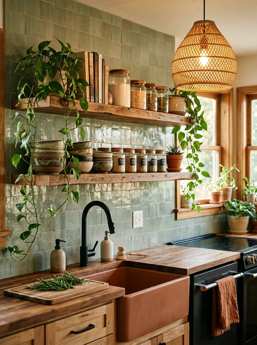 Boho kitchen with open wood shelving styled with trailing plants and ceramics, a sage green zellige tile backsplash, and a woven rattan pendant over the sink.