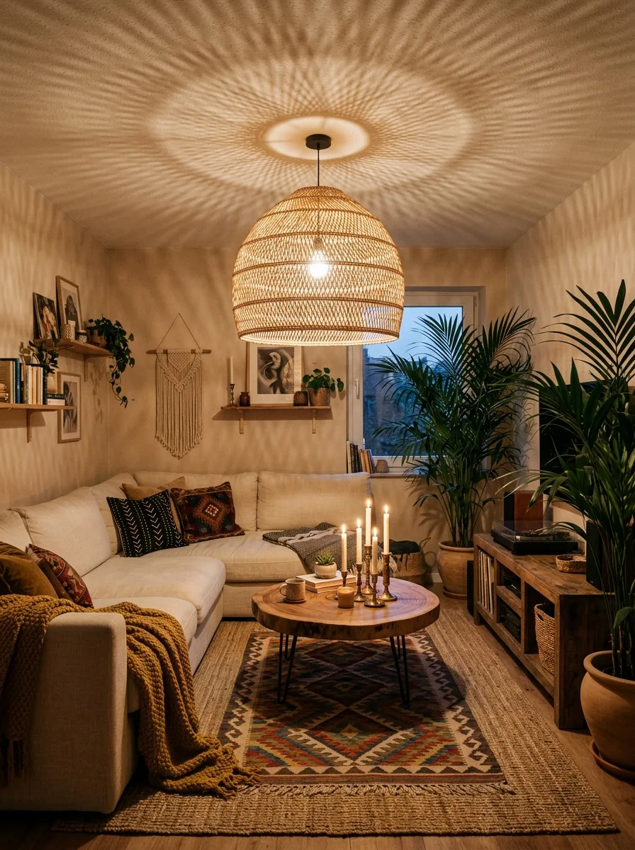 Wide view of a boho living room with a rattan pendant overhead, a cream sectional, layered rugs, and a round wood coffee table lit by candlelight.