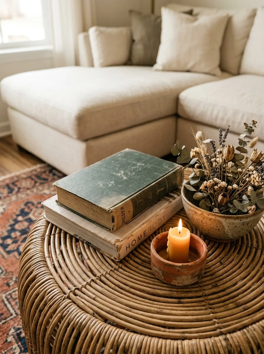 Close-up of a round woven rattan coffee table styled with a stack of worn books, a ceramic bowl, and a lit terracotta candle.