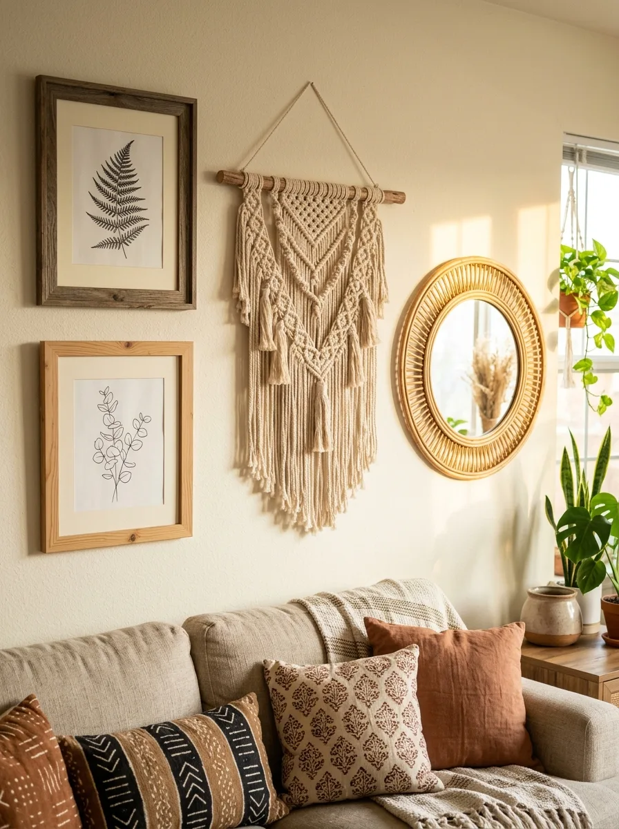 Gallery cluster behind a sofa mixing a macrame wall hanging, framed botanical prints, and a round rattan mirror.