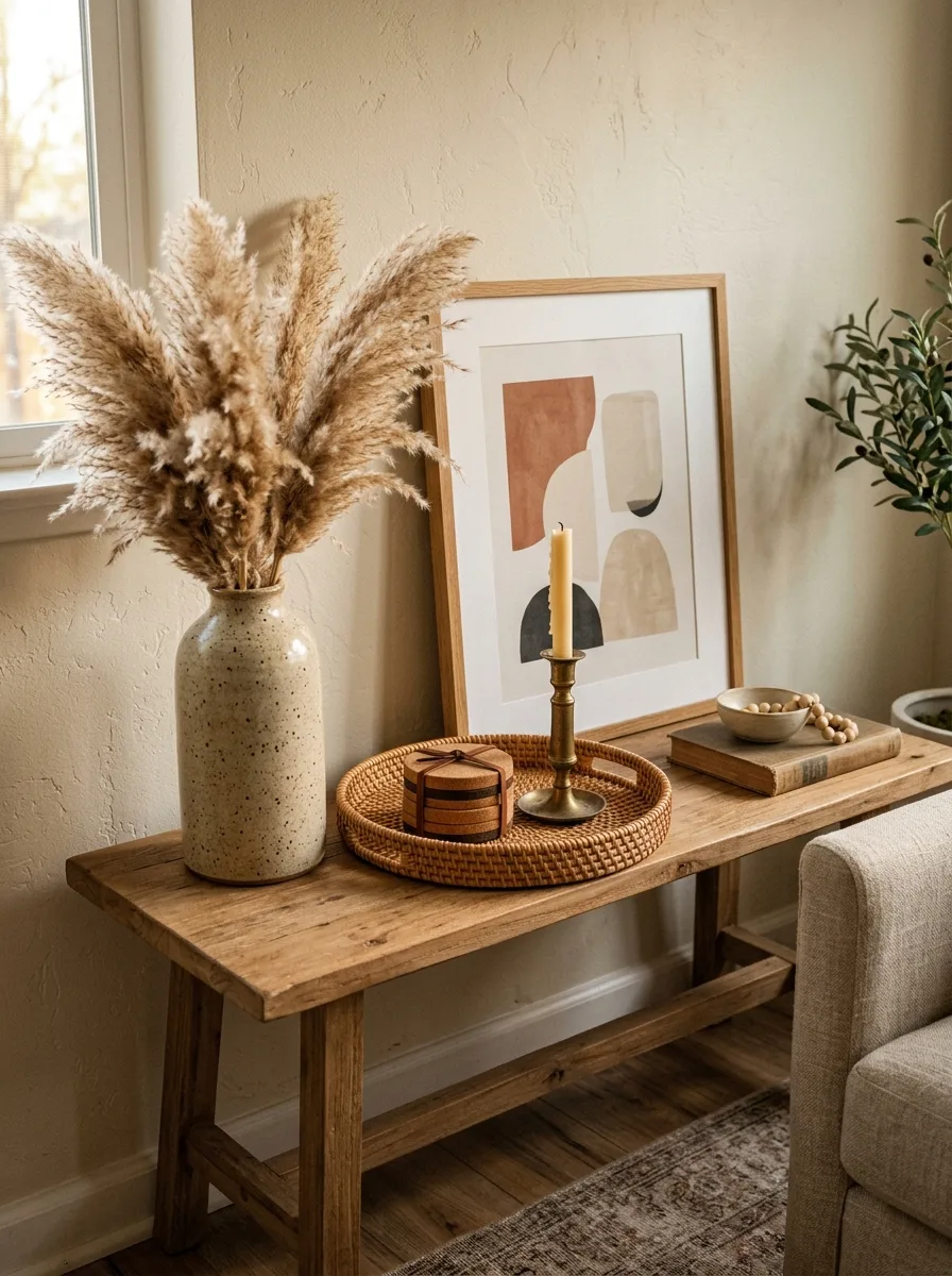 Console table vignette with a tall ceramic vase of dried pampas grass, a woven tray, and a small brass candle holder.