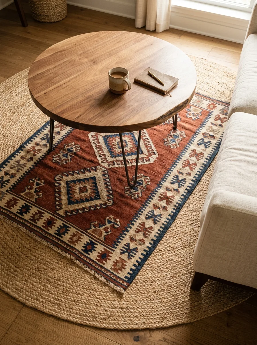 Close-up of a jute rug layered with a smaller patterned kilim rug under a round wood coffee table.
