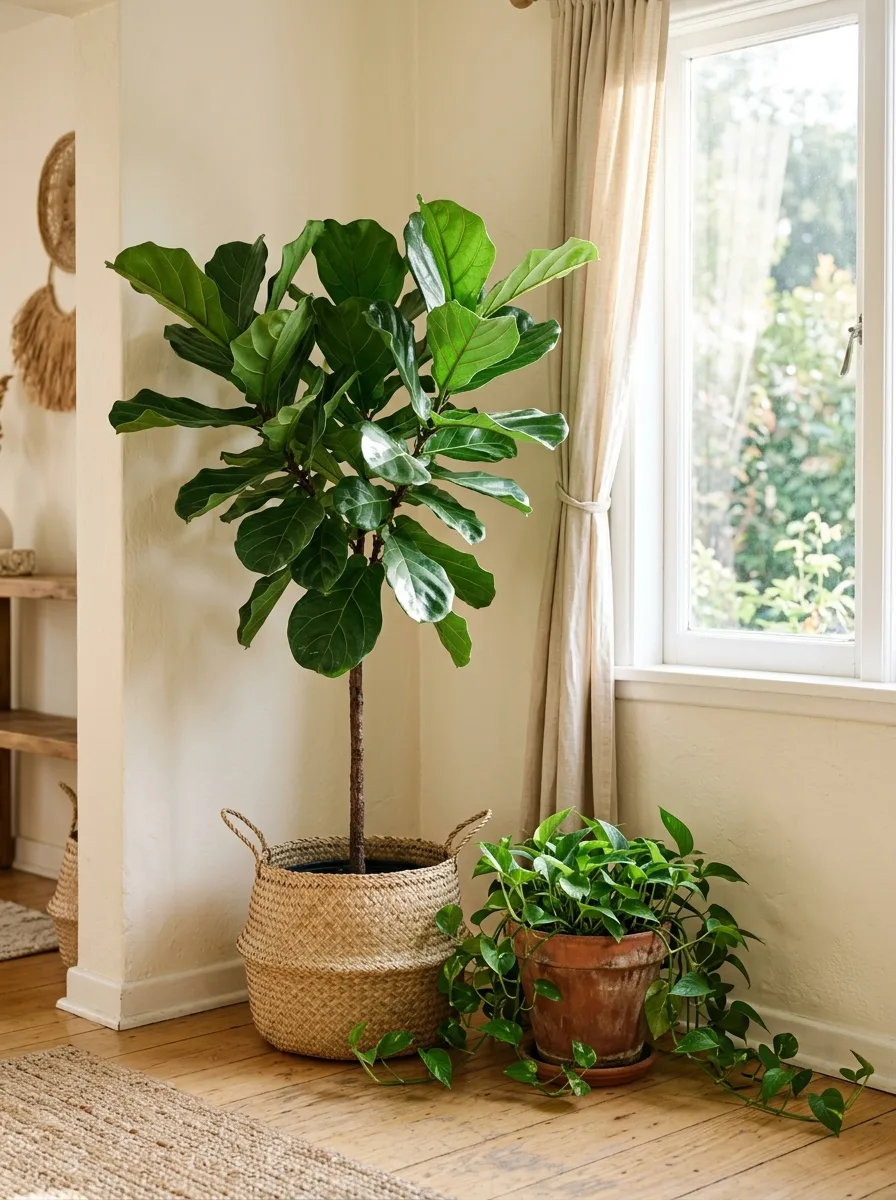A large fiddle leaf fig in a woven basket planter anchoring a sunlit corner of a boho living room.