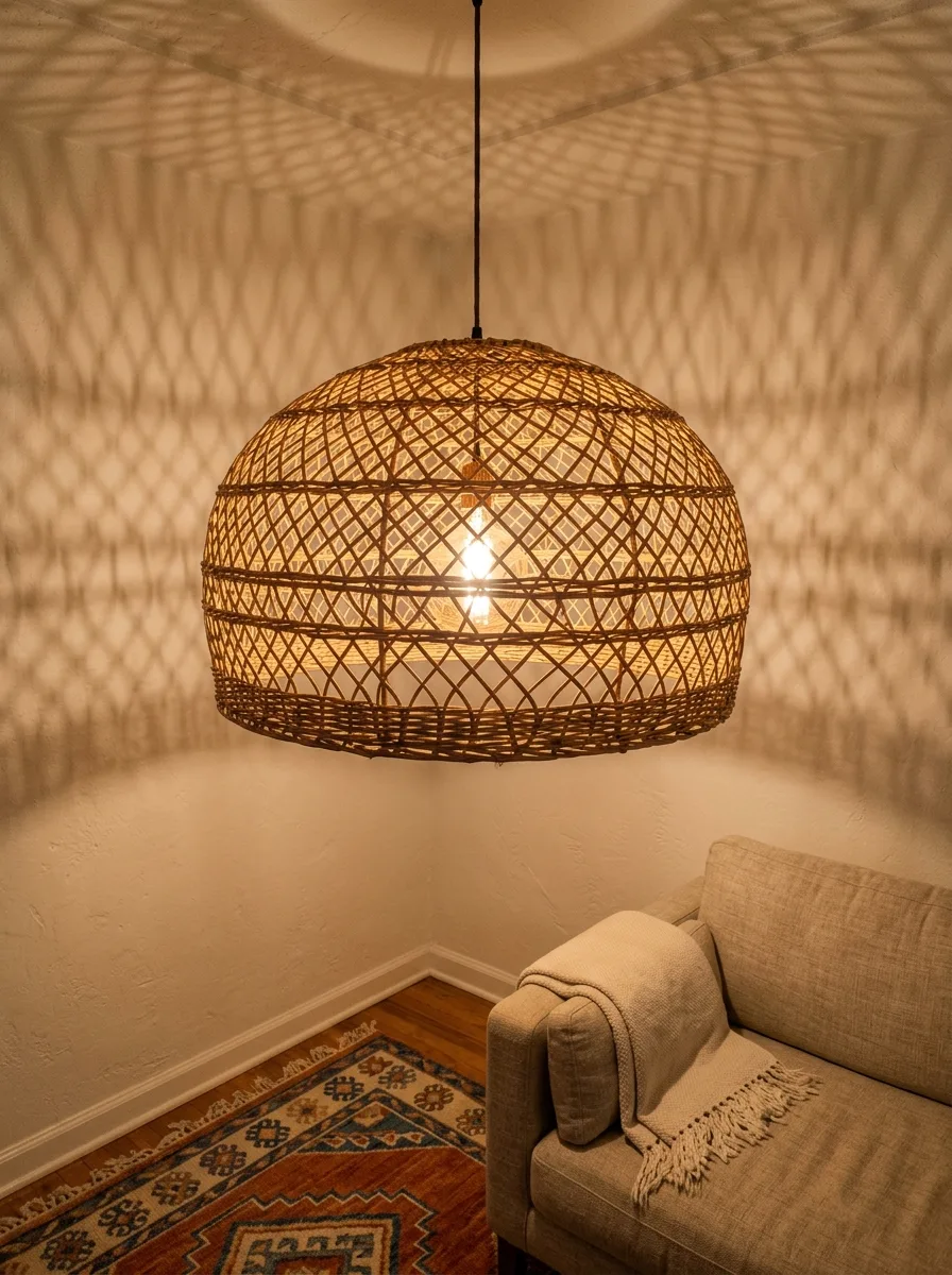 Close-up of an oversized woven rattan pendant light glowing warm and casting dappled basket-weave shadows on the ceiling.