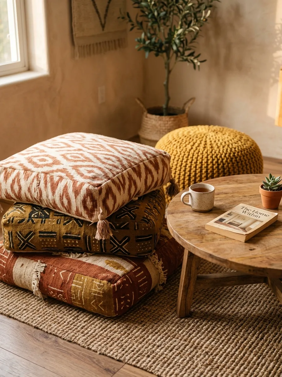 Stack of floor cushions in rust, mustard, and cream ikat prints beside a low coffee table.