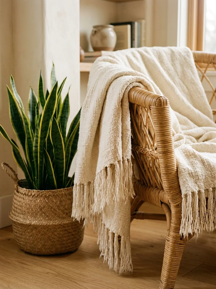 A fringed cream throw draped over the arm of a rattan accent chair beside a woven basket planter.