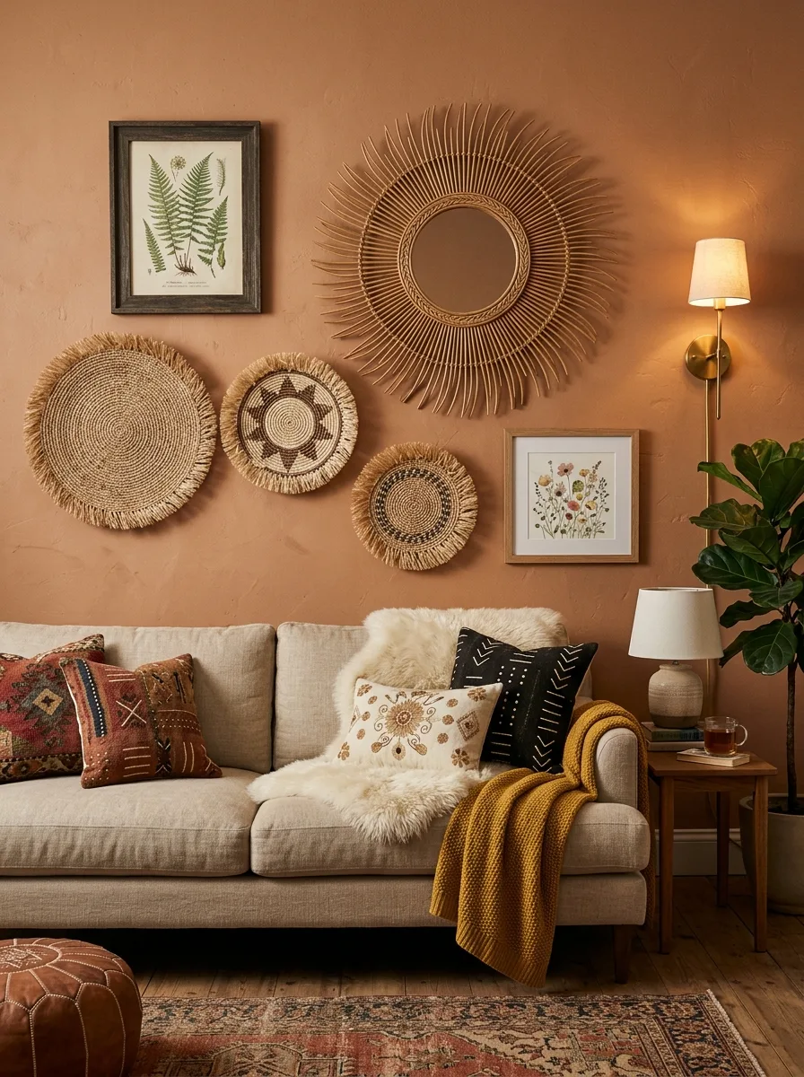Full gallery wall above a boho sofa mixing a large round rattan mirror, woven wall discs, and framed prints in warm evening light.