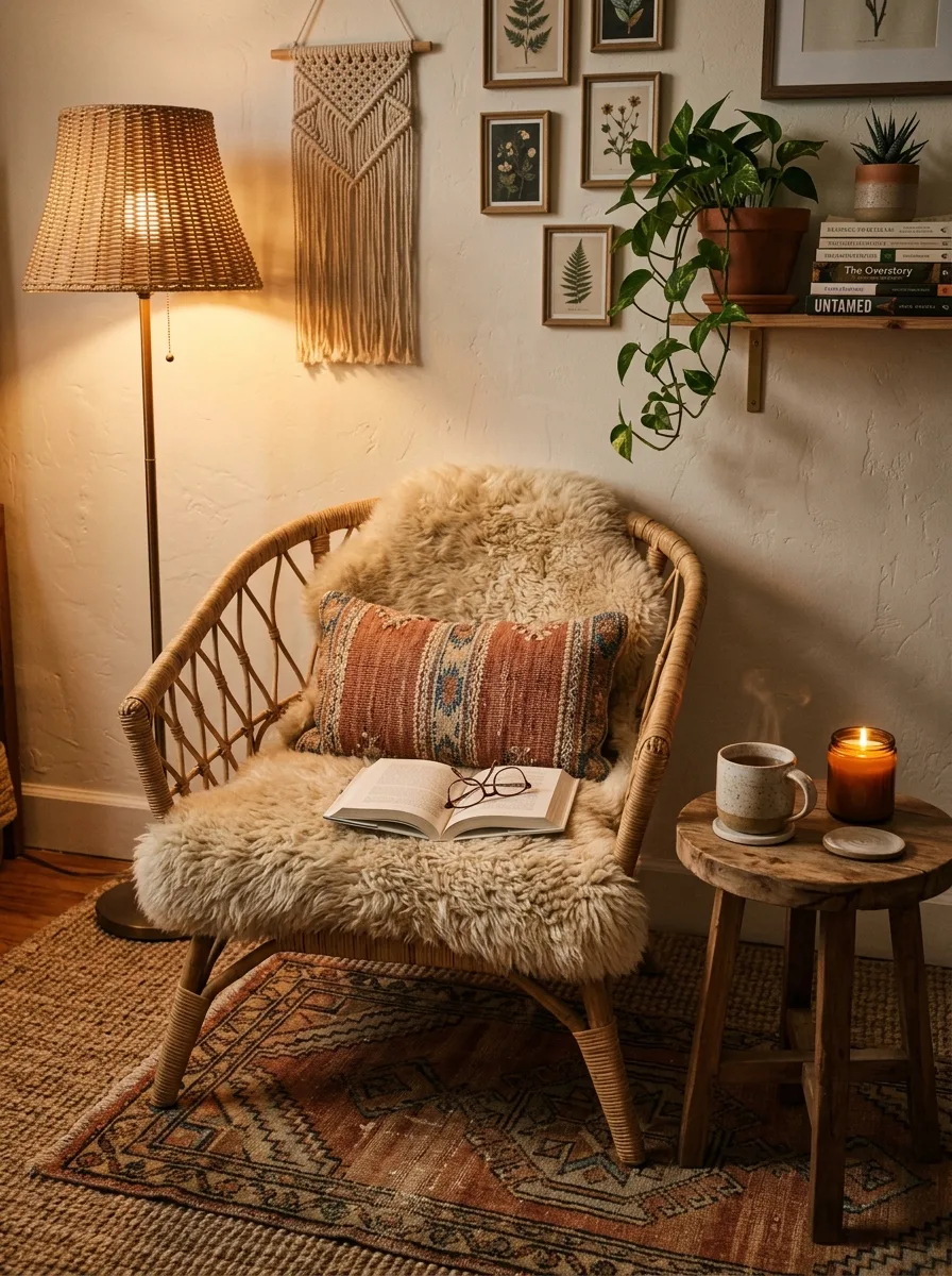 Cozy reading corner with a rattan chair, a layered rug, a woven-shade floor lamp, and a small side table.