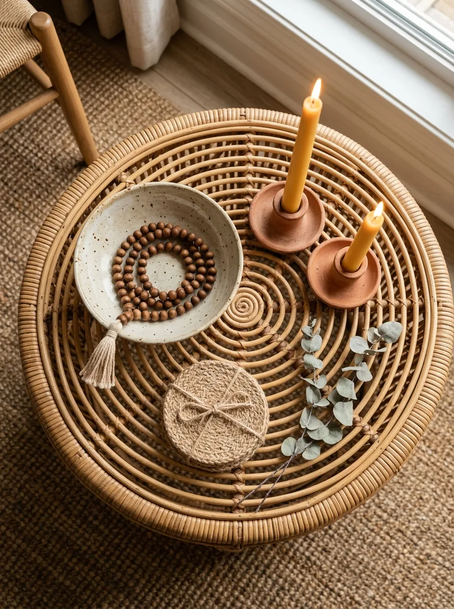 Overhead flat-lay of coffee table accessories: a ceramic bowl of wooden beads, two lit candles, and a small stack of coasters.