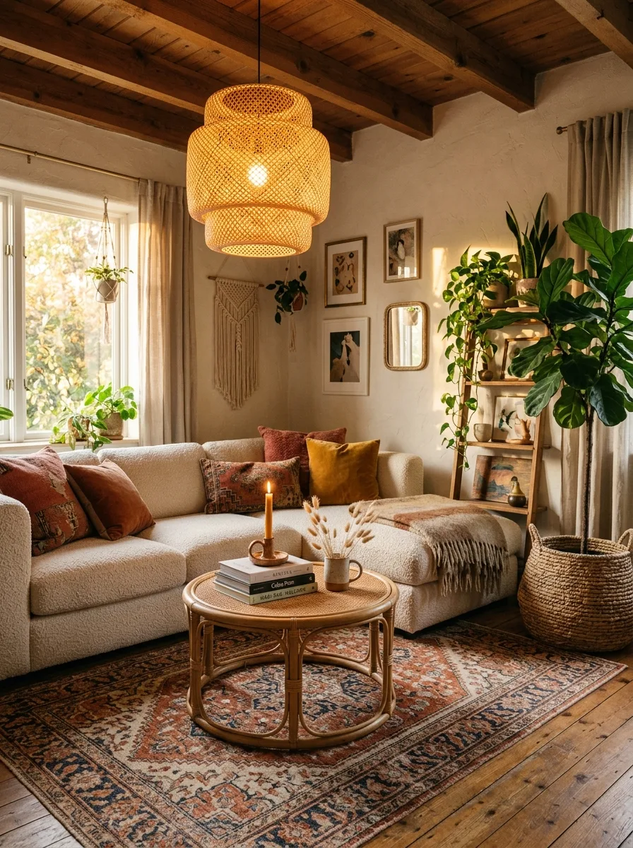 Boho living room at golden hour with an oversized woven rattan pendant, a cream sectional layered with terracotta and rust pillows, a round wicker coffee table, and a richly patterned vintage rug.