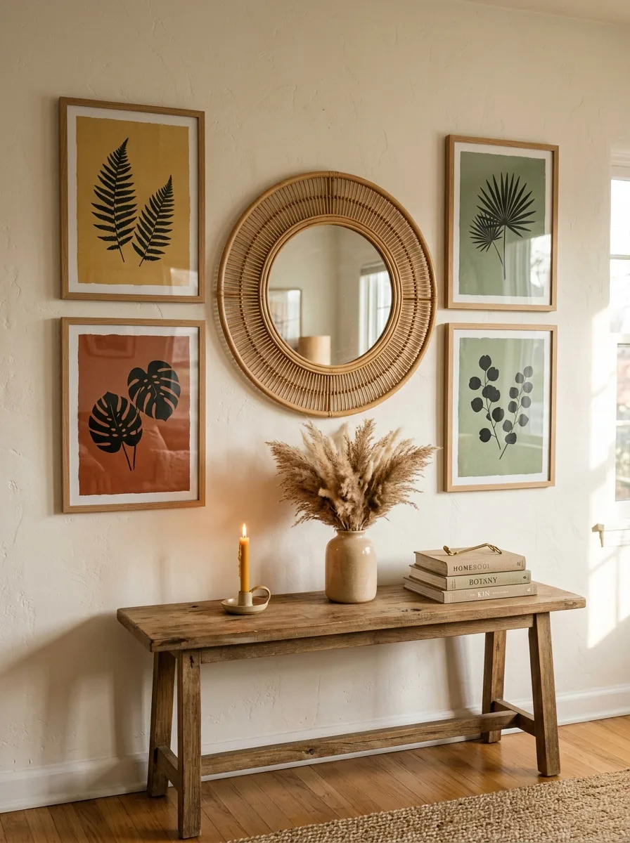 Wide view of a full boho gallery wall above a wood console styled with a candle, books, and dried pampas grass.