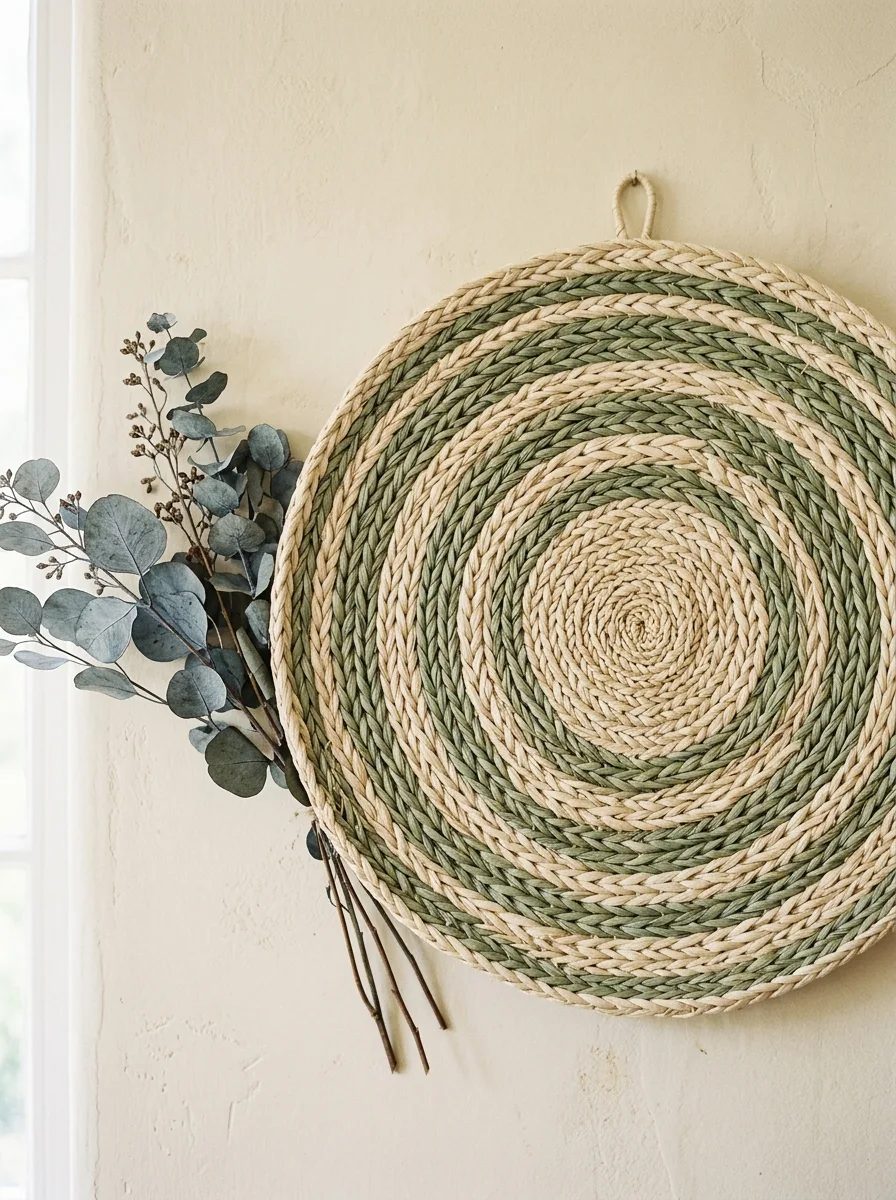 Close-up of a woven raffia wall disc with a spiral pattern beside dried eucalyptus stems.