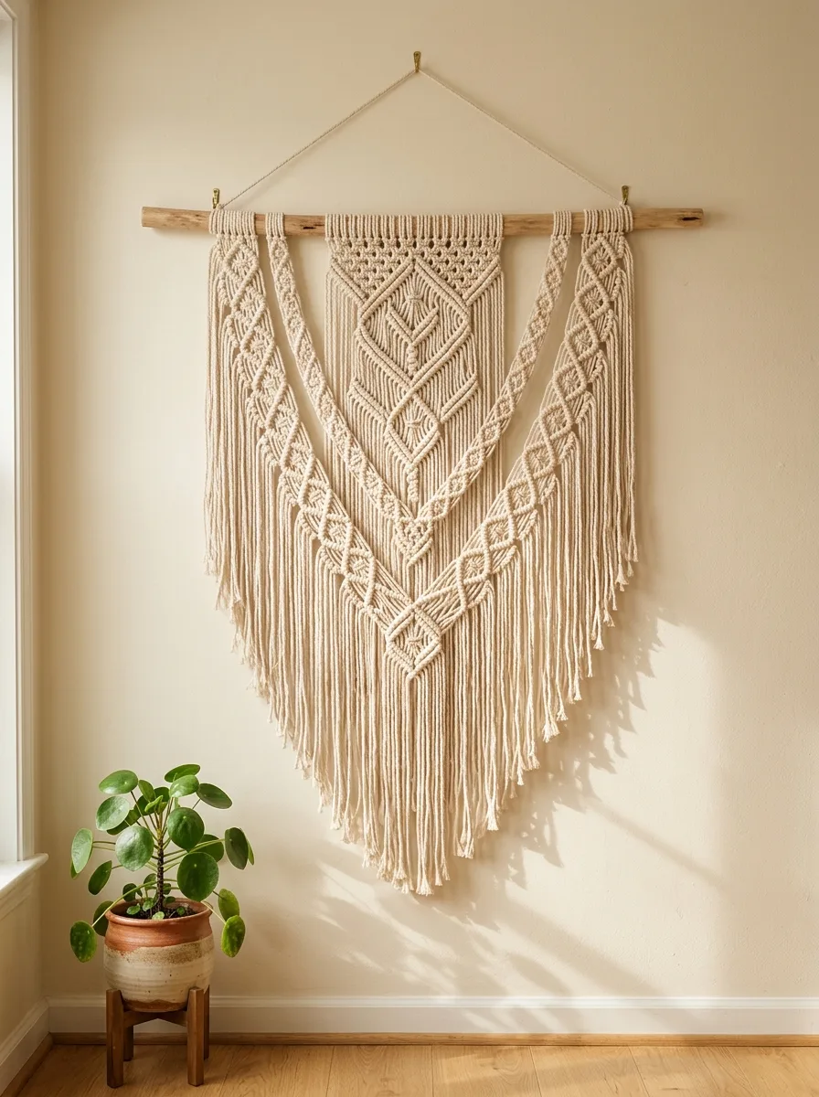 A large natural cotton macrame wall hanging centered on a plain cream wall as a standalone statement piece.