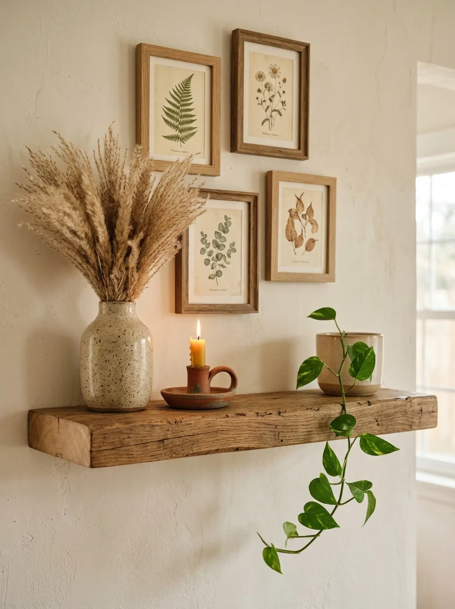 A floating wood shelf below framed wall art, styled with a stoneware vase of dried pampas grass and a small candle.