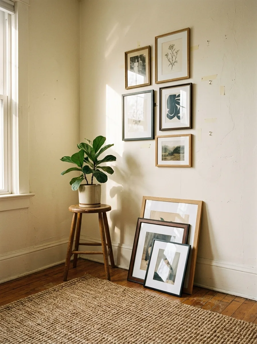 A jute rug and a low stack of leaning framed art beneath a partially hung gallery wall.