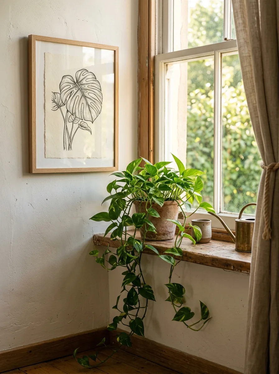 A framed black botanical line-art print beside a terracotta pot of trailing pothos on a windowsill.
