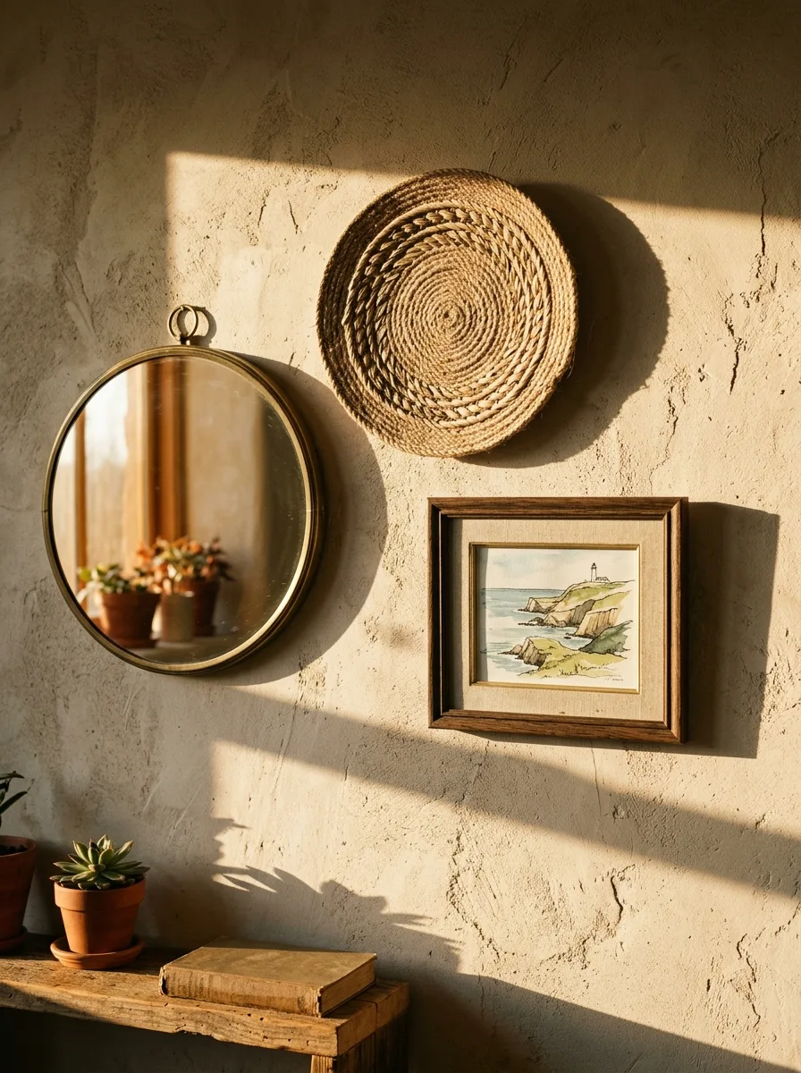 Warm late-afternoon light raking across a cluster of framed prints and a round mirror, casting long shadows on the wall.
