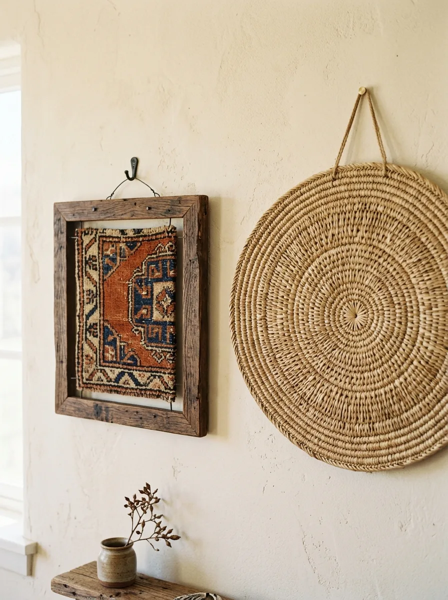 A small vintage textile scrap stretched and framed like art, hung beside a woven wall disc.