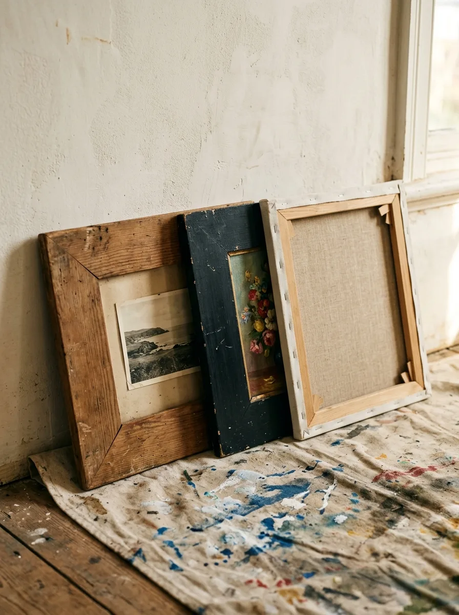 Close-up of three mismatched thrifted picture frames — natural wood, black, and bare canvas — leaning against a wall.