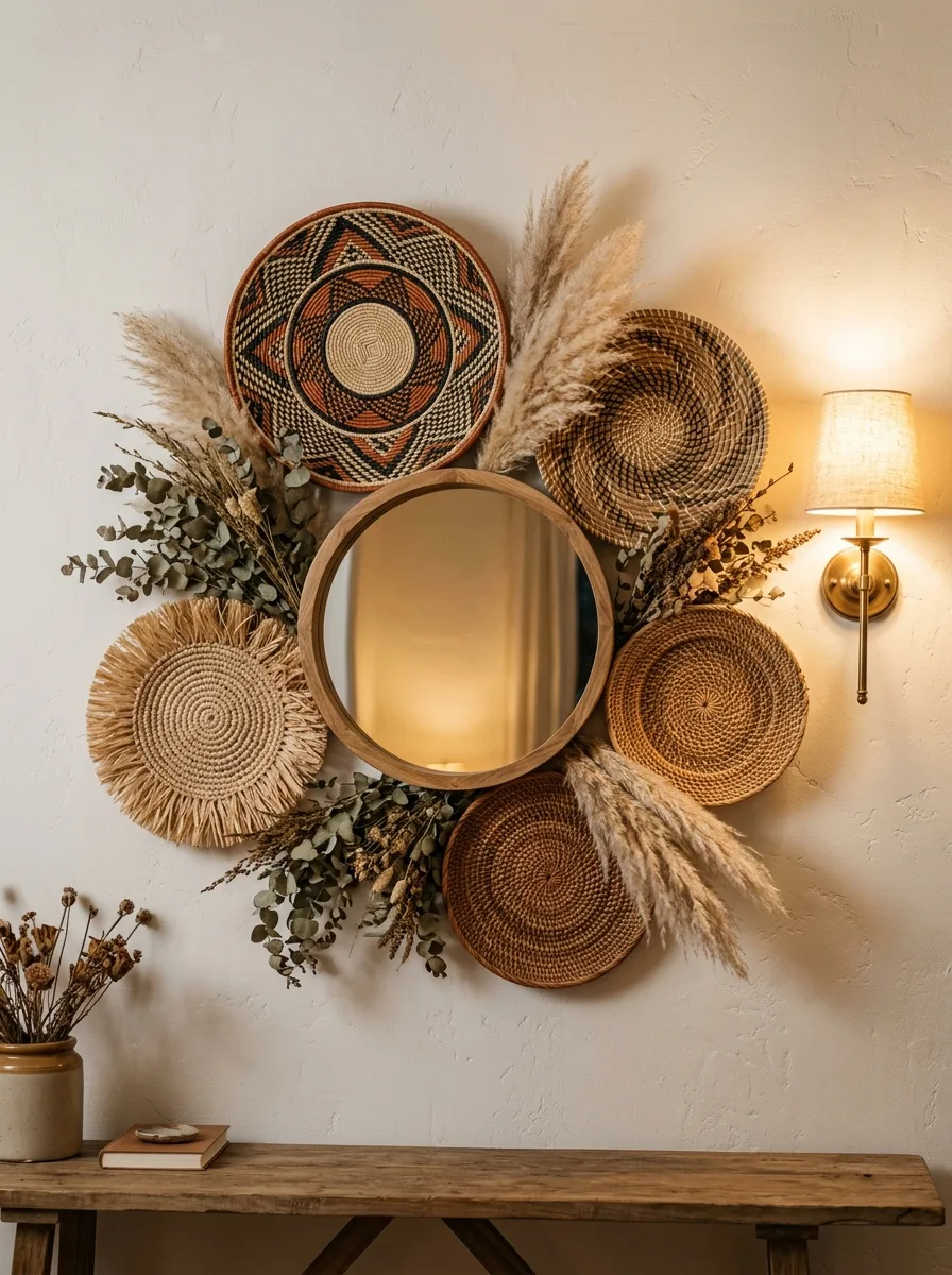A circular arrangement of woven rattan plates, a round mirror, and dried florals forming a boho wall cluster.