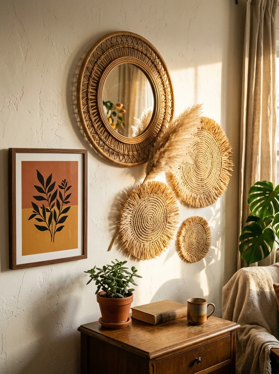 A boho wall cluster of a rattan-framed mirror, three woven raffia discs, and a framed botanical print in terracotta and mustard, styled above a wood dresser with a potted plant and stacked books.