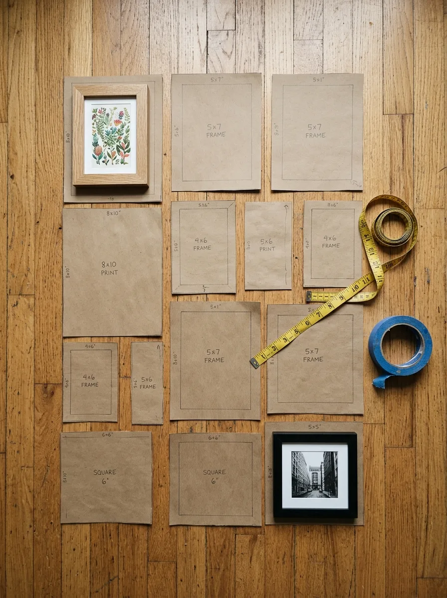 Overhead flat-lay of gallery wall planning materials: kraft paper cutouts, a tape measure, and small frames.