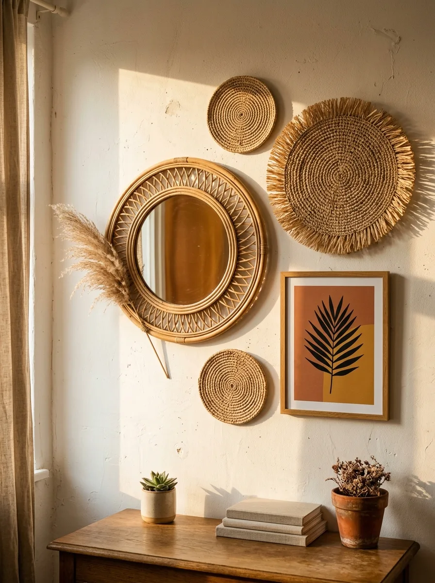 A boho gallery wall mixing a round rattan mirror, woven wall discs, dried pampas grass, and a mid-century sun-motif print in terracotta and sage tones.