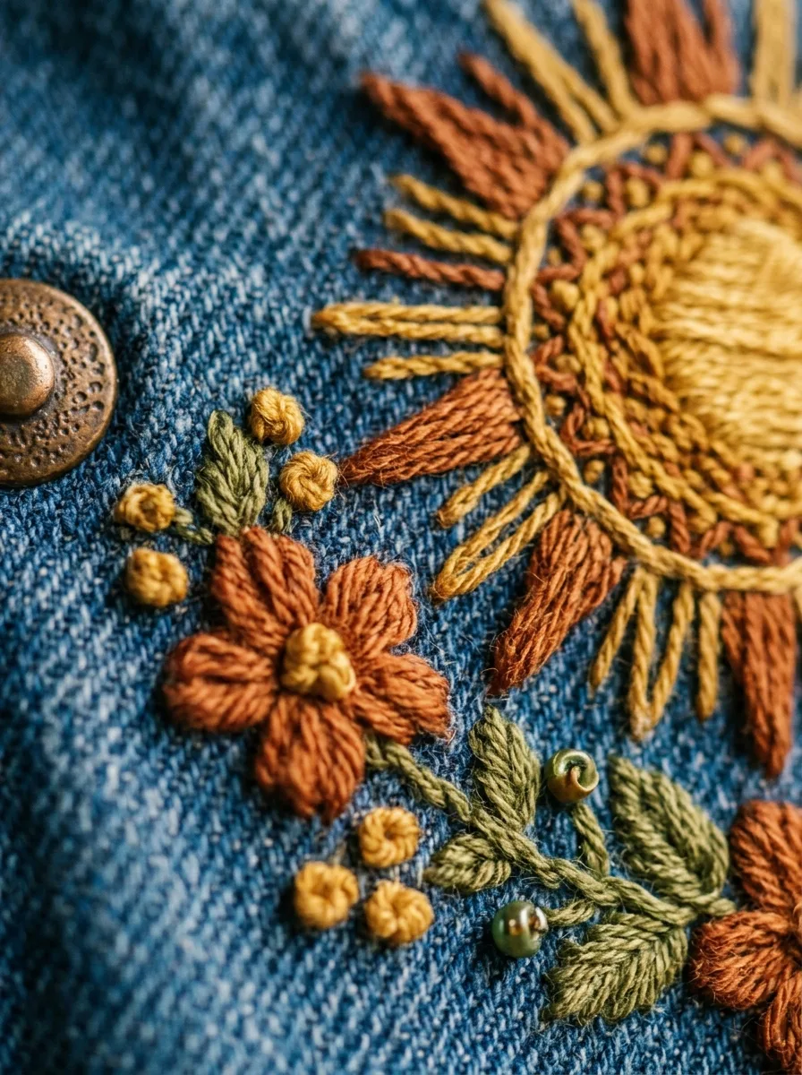 Macro close-up of hand-embroidered sun and floral motifs on the hip of flared denim jeans