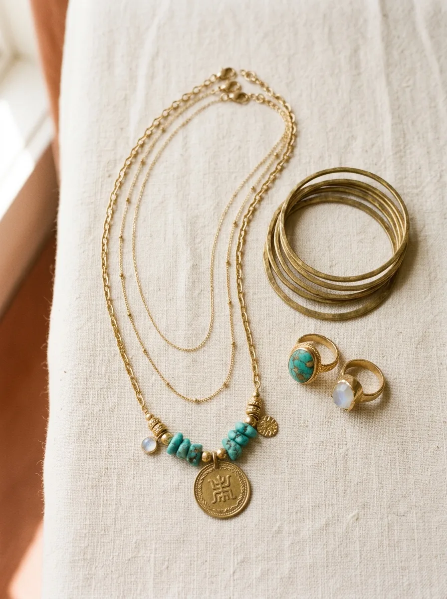 Flat-lay of three layered gold necklaces with a turquoise coin pendant, brass bangles, and two rings on cream linen