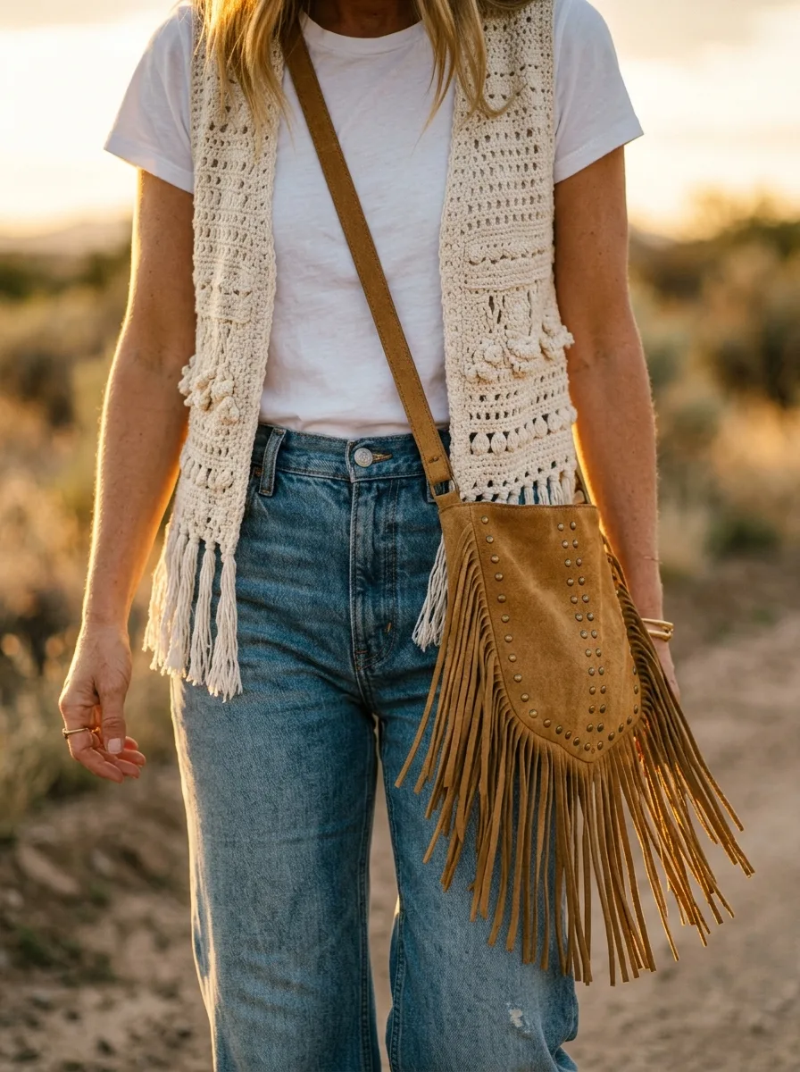 Woman in a cream crochet vest, wide-leg jeans, wide-brim hat, and studded suede fringe crossbody bag at golden hour
