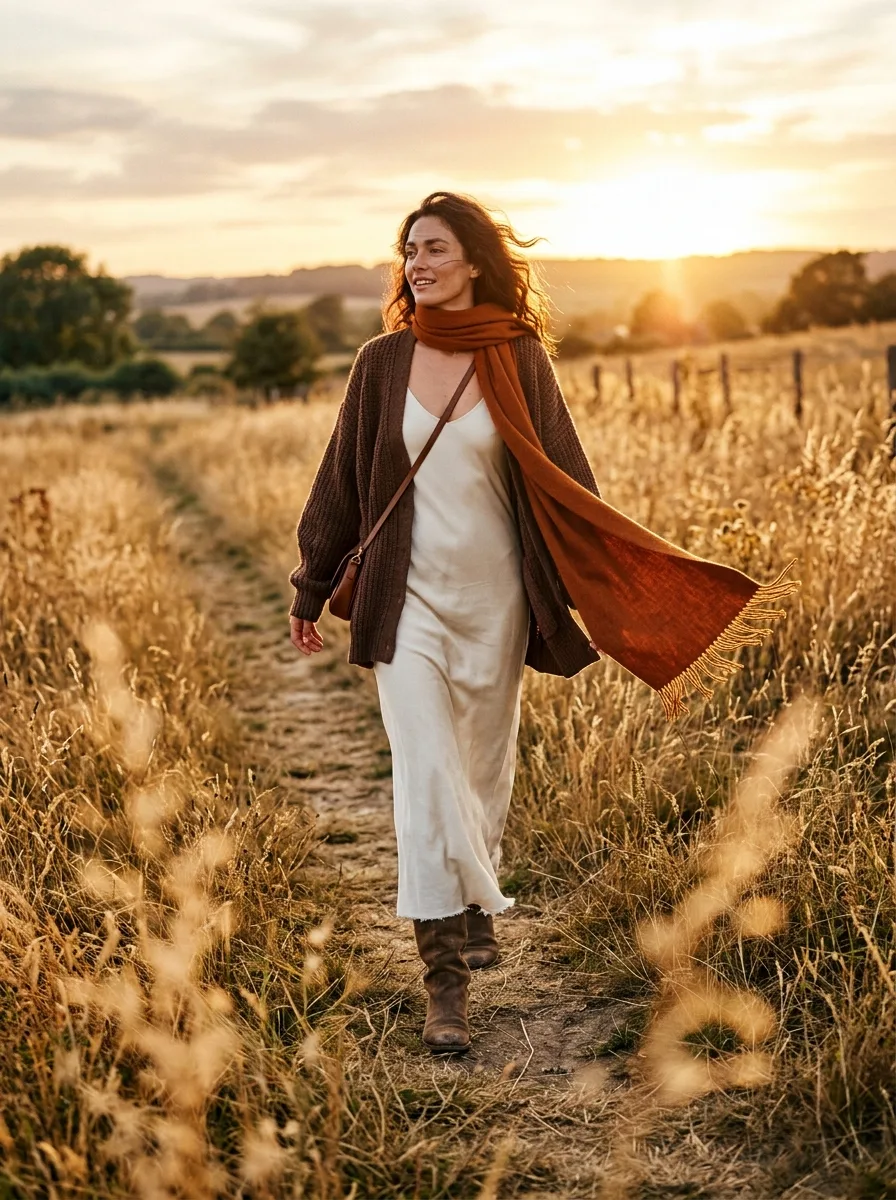 Woman walking through a golden field at sunset in a brown knit cardigan, cream slip dress, and a rust scarf wrapped twice