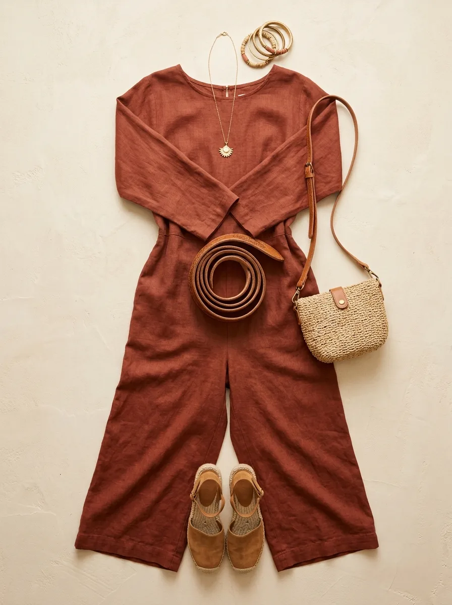 Flat-lay of a terracotta linen jumpsuit with a tooled leather belt, espadrille wedges, and a straw crossbody bag