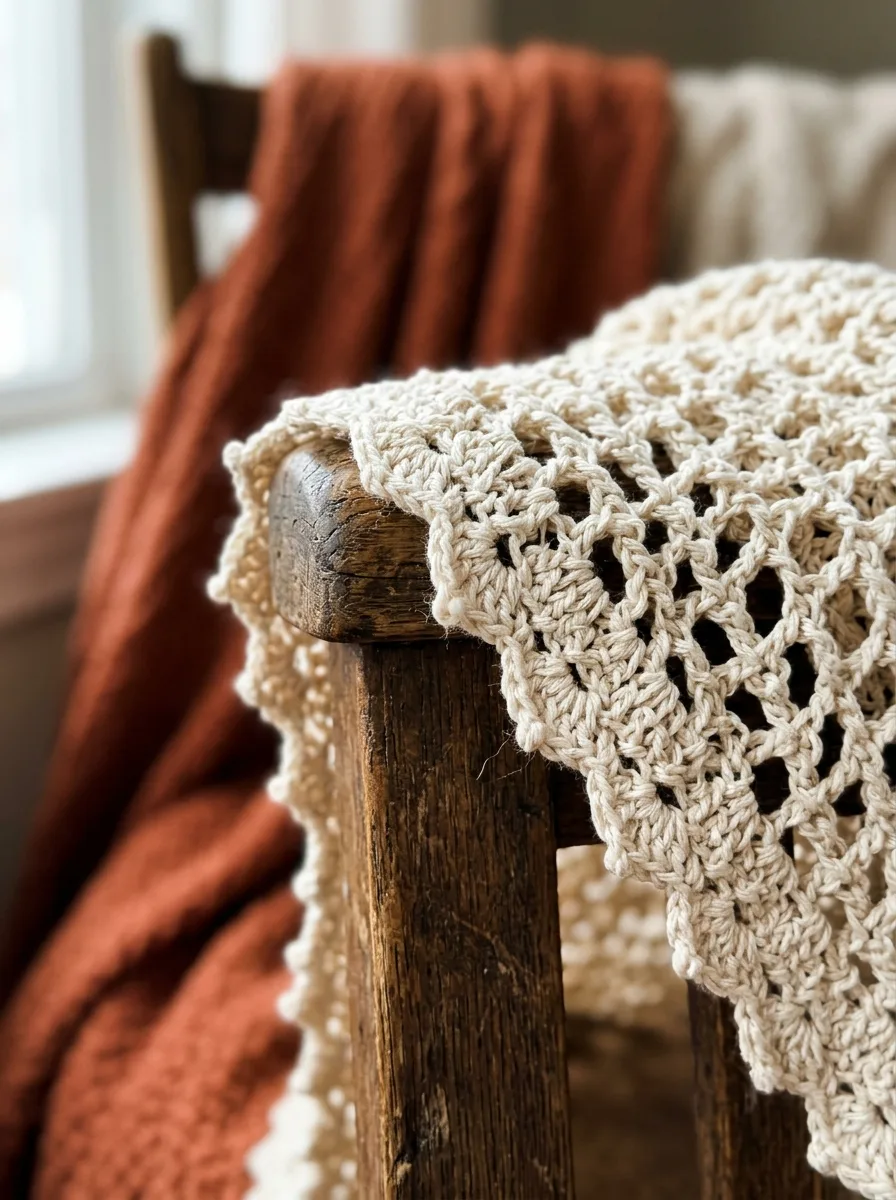 Close-up of a hand-crocheted cream vest with a scalloped picot edge draped over a chair