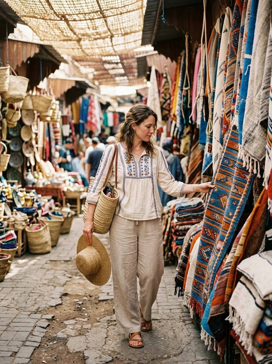 Woman browsing an outdoor textile market in wide-leg linen trousers and an embroidered blouse, holding a wide-brim hat