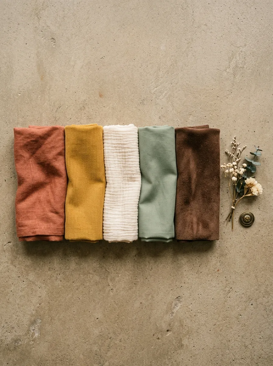 Flat-lay of five folded fabric swatches in terracotta, sage, mustard, cream, and chocolate brown