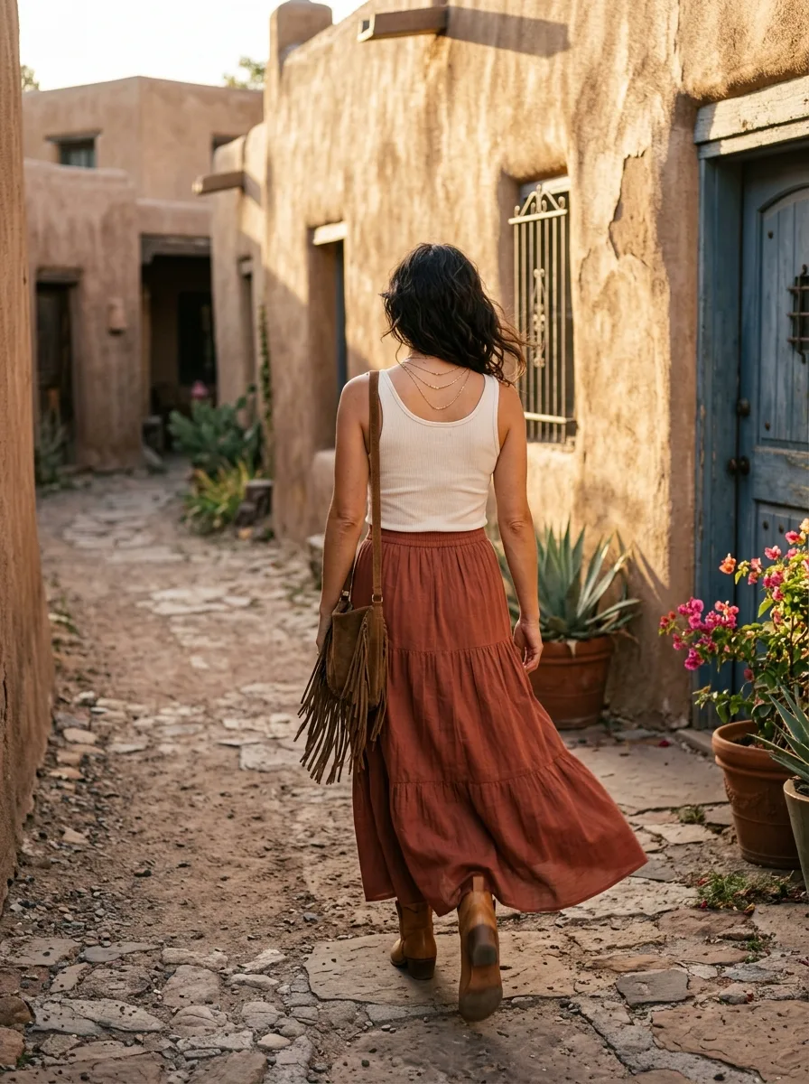 Woman walking down a sun-lit adobe alley in a rust tiered maxi skirt, cream tank, fringe crossbody bag, and layered gold necklaces