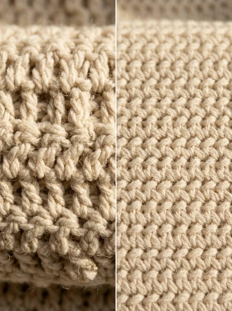Macro close-up comparing hand-finished crochet with visible knots against flatter machine-made crochet-look knit