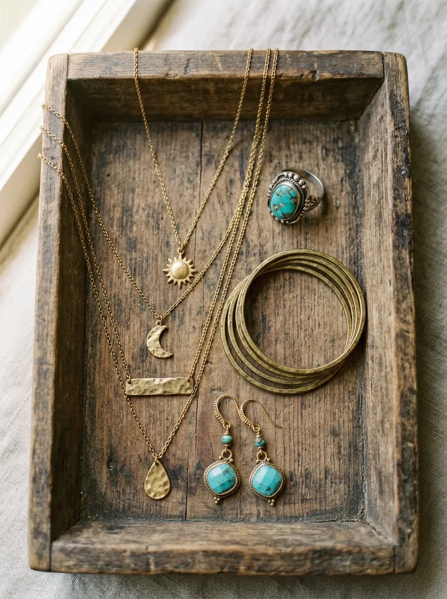 Flat-lay of vintage-style gold necklaces, a turquoise ring, brass bangles, and drop earrings on a wooden tray