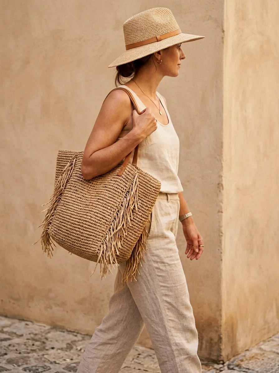 Woman wearing a wide-brim straw hat and carrying a woven fringe tote bag against a stucco wall