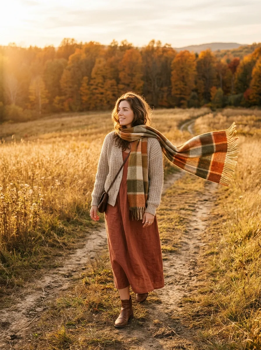 Woman walking through a golden field in a chunky knit cardigan over a terracotta maxi dress