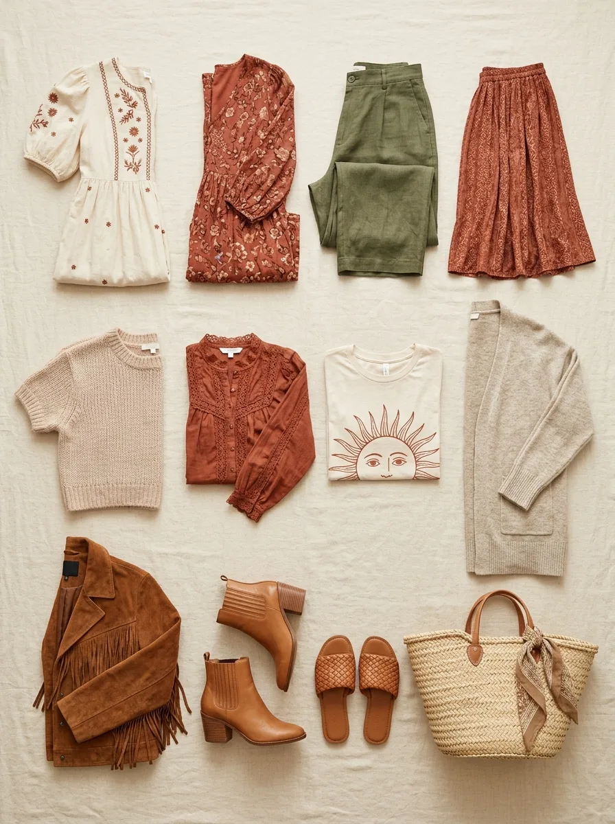 Overhead flat-lay of a full twelve-piece boho capsule wardrobe arranged in neat rows