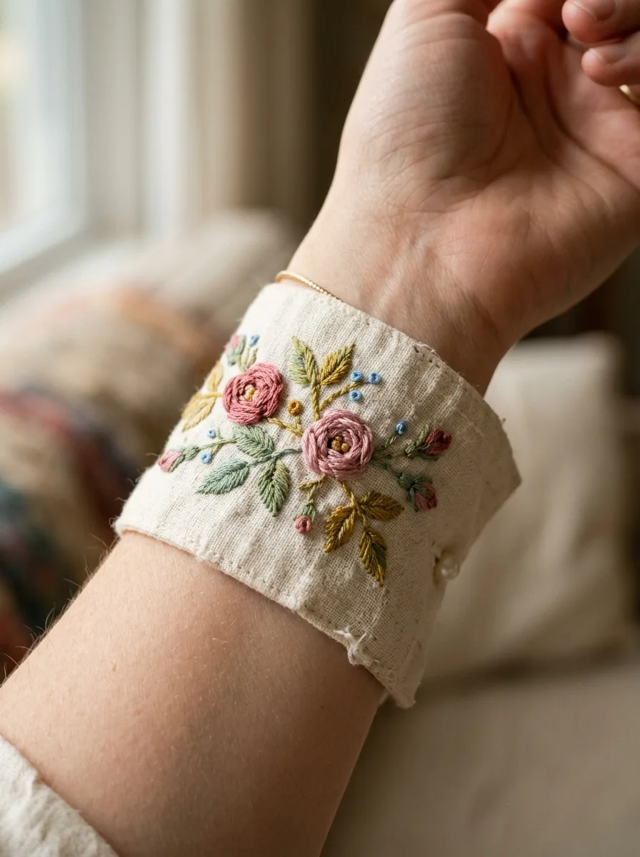 Macro close-up of hand-embroidered floral detail on a cream blouse cuff