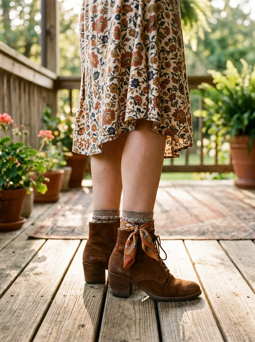 Close crop of a printed midi skirt and brown suede ankle boots with a scarf tied around one ankle